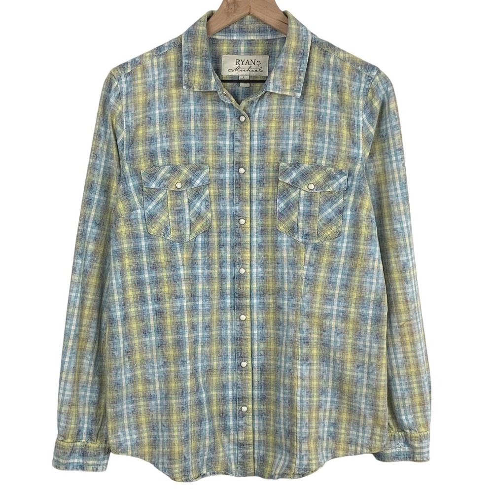 RYAN MICHAEL 100% Cotton Plaid Western Snap Shirt Women's L Blue Yellow L/S